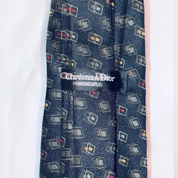 CHRISTIAN DIOR MONSIEUR VINTAGE BLUE DECO TIE POLYESTER/SILK BLEND - Picture 3 of 8